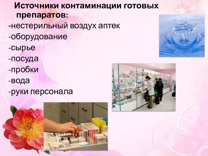 Источники контаминации готовых препаратов: -нестерильный воздух аптек -оборудование -сырье -посуда -пробки -вода -руки персонала