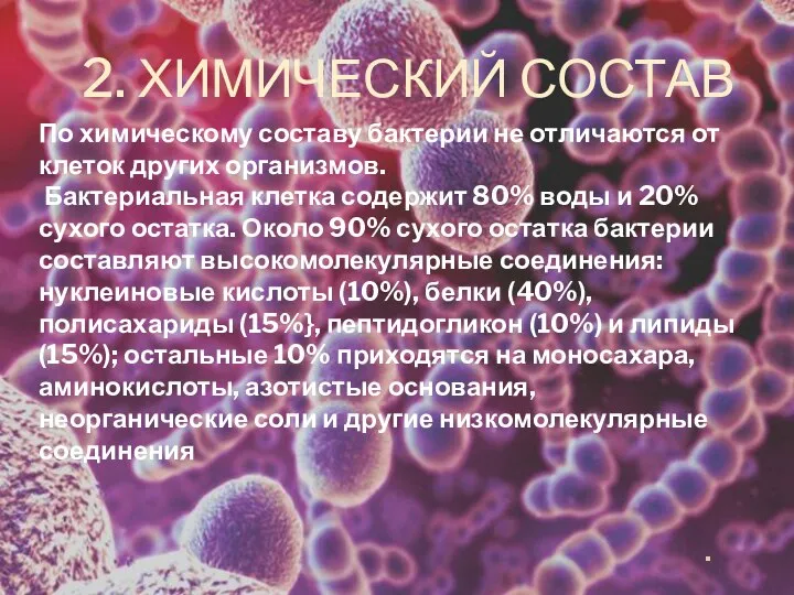 2. ХИМИЧЕСКИЙ СОСТАВ . По химическому составу бактерии не отличаются от