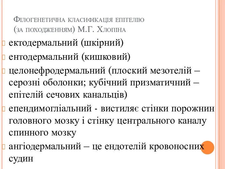 Філогенетична класифікація епітелію (за походженням) М.Г. Хлопіна ектодермальний (шкірний) ентодермальний (кишковий)