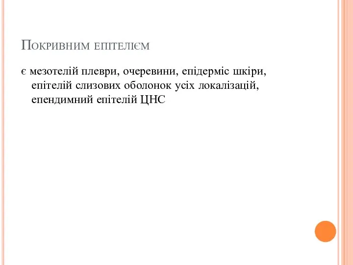 Покривним епітелієм є мезотелій плеври, очеревини, епідерміс шкіри, епітелій слизових оболонок усіх локалізацій, епендимний епітелій ЦНС