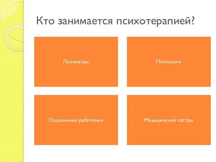 Кто занимается психотерапией? Психиатры Психологи Социальные работники Медицинские сестры