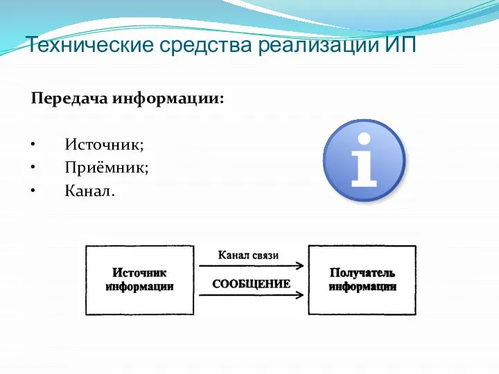 Технические средства реализации ИП Передача информации: • Источник; • Приёмник; • Канал.