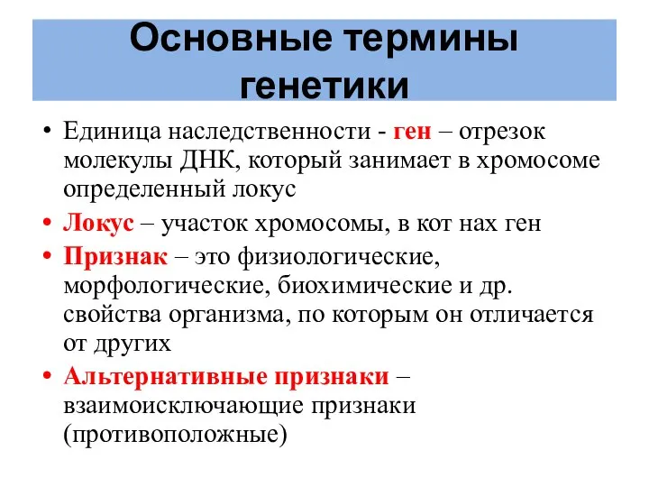 Основные термины генетики Единица наследственности - ген – отрезок молекулы ДНК,