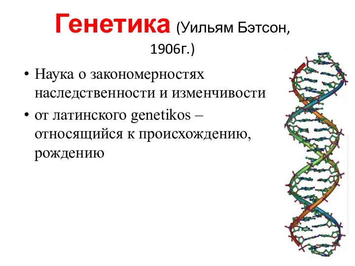 Генетика (Уильям Бэтсон, 1906г.) Наука о закономерностях наследственности и изменчивости от