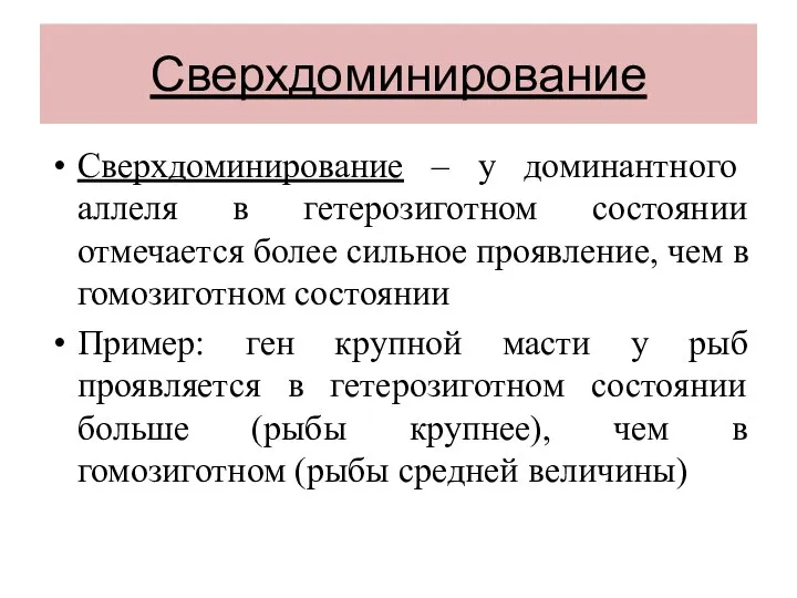 Сверхдоминирование Сверхдоминирование – у доминантного аллеля в гетерозиготном состоянии отмечается более