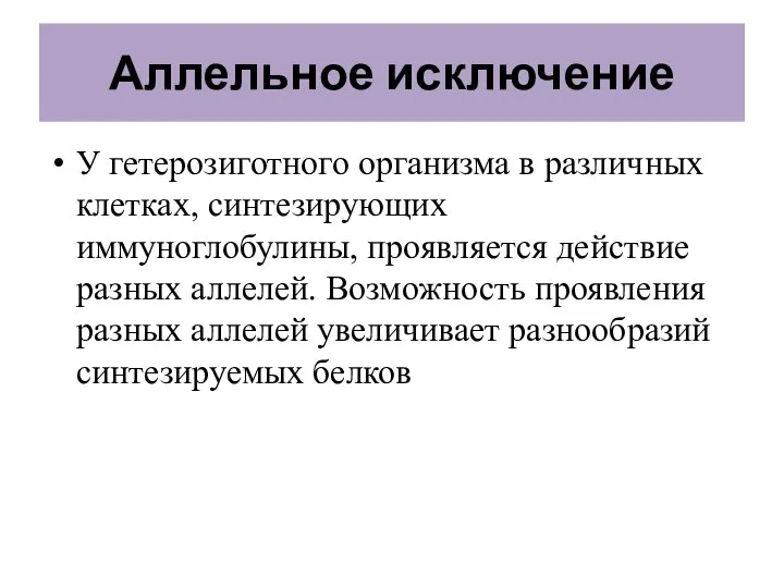 Аллельное исключение У гетерозиготного организма в различных клетках, синтезирующих иммуноглобулины, проявляется