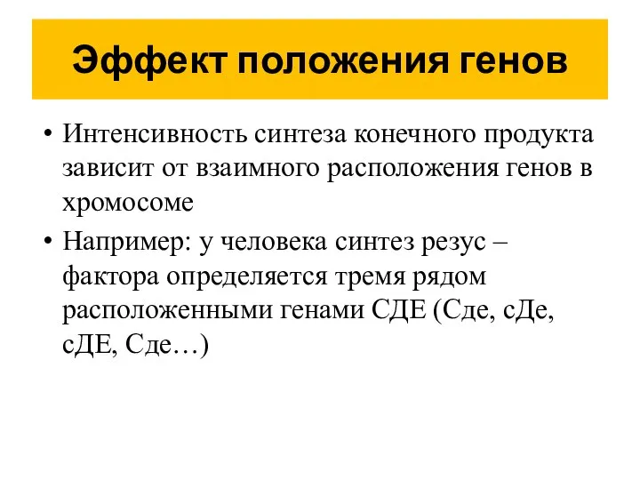 Эффект положения генов Интенсивность синтеза конечного продукта зависит от взаимного расположения