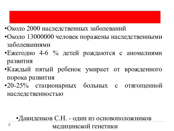 Около 2000 наследственных заболеваний Около 13000000 человек поражены наследственными заболеваниями Ежегодно