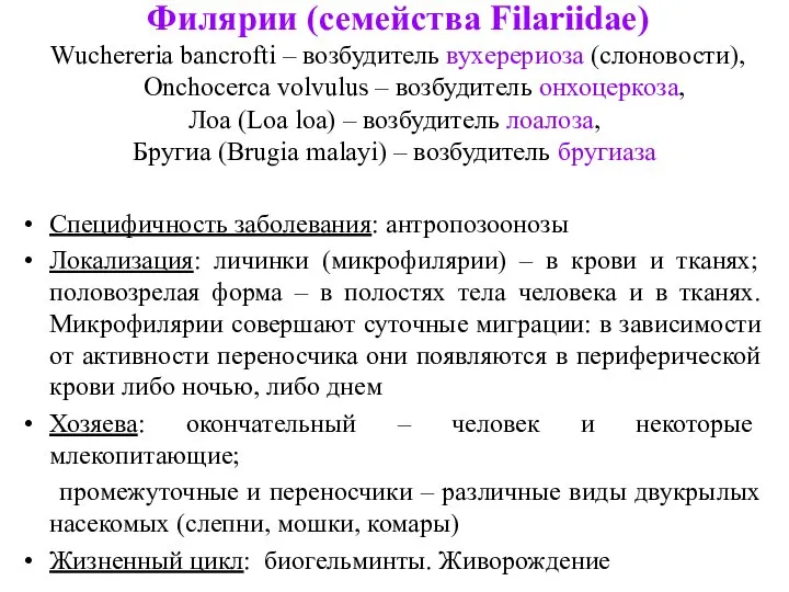 Филярии (семейства Filariidae) Wuchereria bancrofti – возбудитель вухерериоза (слоновости), Onchocerca volvulus