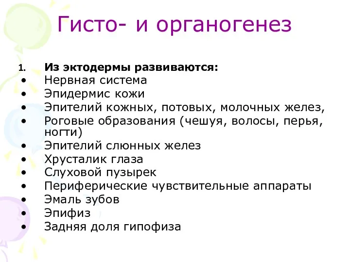 Гисто- и органогенез Из эктодермы развиваются: Нервная система Эпидермис кожи Эпителий