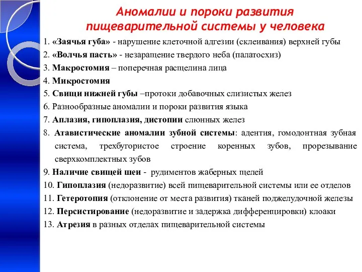 Аномалии и пороки развития пищеварительной системы у человека 1. «Заячья губа»