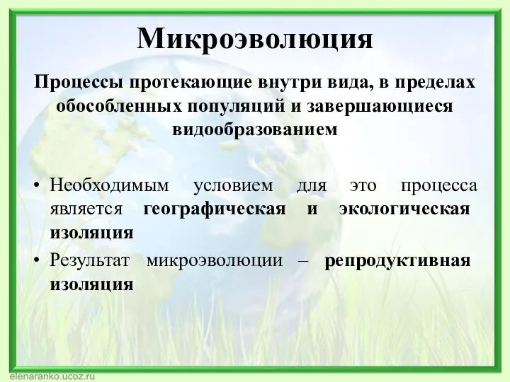 Микроэволюция Процессы протекающие внутри вида, в пределах обособленных популяций и завершающиеся