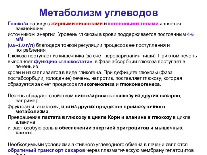 Метаболизм углеводов Глюкоза наряду с жирными кислотами и кетоновыми телами является