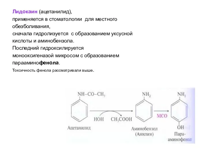 Лидокаин (ацетанилид), применяется в стоматологии для местного обезболивания, сначала гидролизуется с