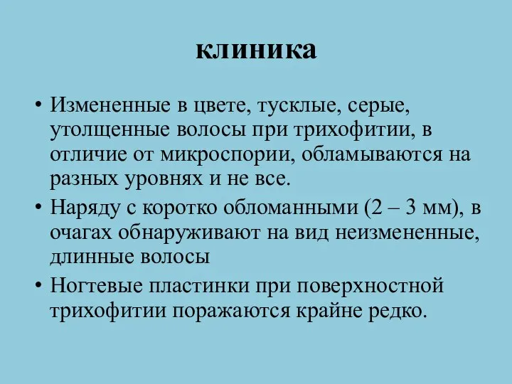 клиника Измененные в цвете, тусклые, серые, утолщенные волосы при трихофитии, в