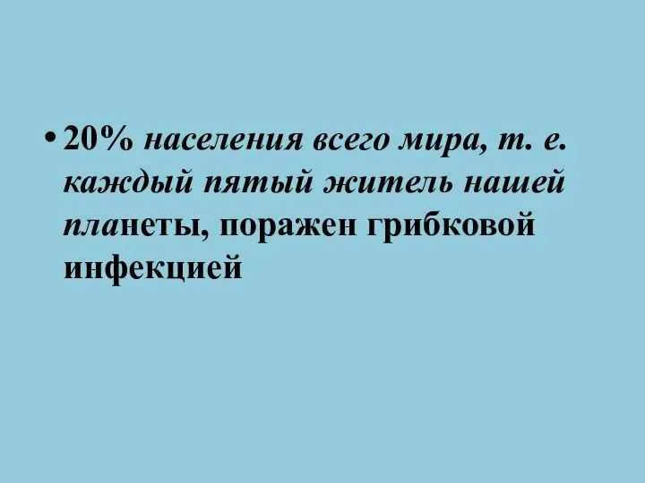 20% населения всего мира, т. е. каждый пятый житель нашей планеты, поражен грибковой инфекцией