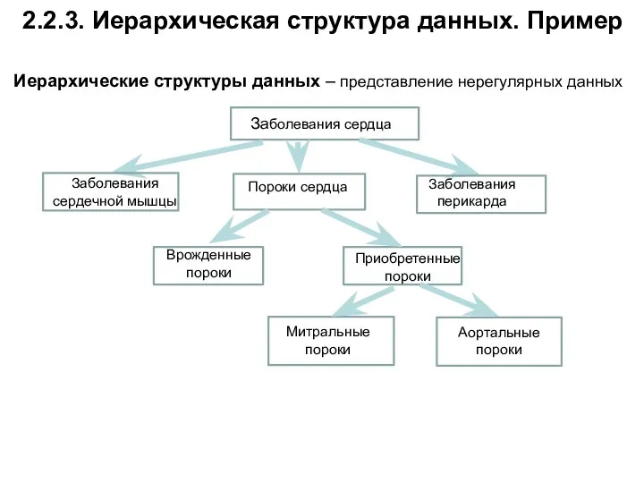 2.2.3. Иерархическая структура данных. Пример Заболевания сердца Заболевания сердечной мышцы Пороки