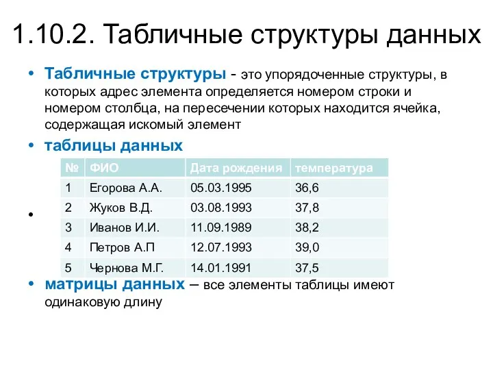 1.10.2. Табличные структуры данных Табличные структуры - это упорядоченные структуры, в