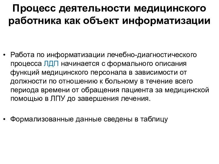 Процесс деятельности медицинского работника как объект информатизации Работа по информатизации лечебно-диагностического