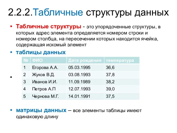 2.2.2.Табличные структуры данных Табличные структуры - это упорядоченные структуры, в которых