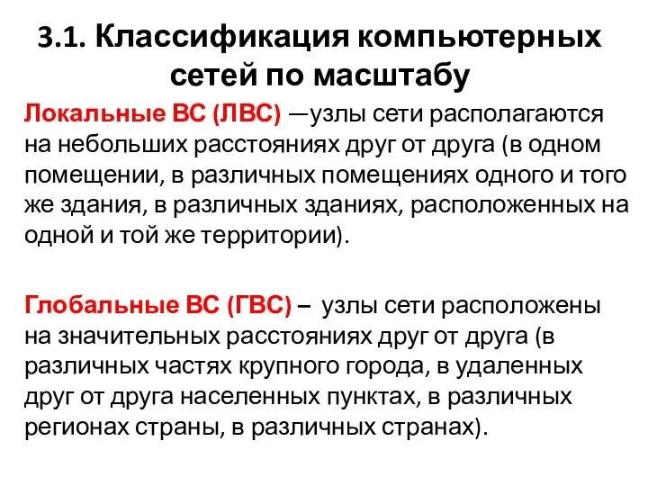 3.1. Классификация компьютерных сетей по масштабу Локальные ВС (ЛВС) —узлы сети