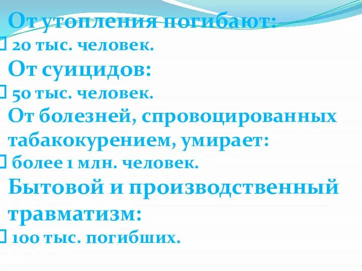 От утопления погибают: 20 тыс. человек. От суицидов: 50 тыс. человек.