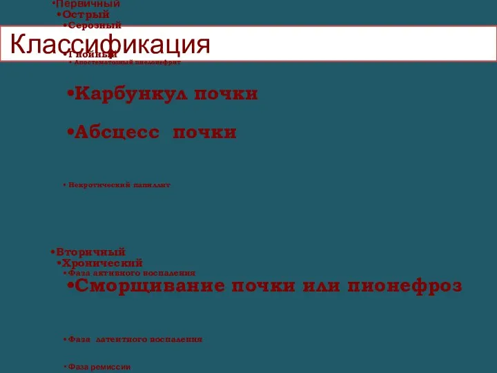 Классификация Пиелонефрит односторонний или двухсторонний Первичный Острый Серозный Гнойный Апостематозный пиелонефрит