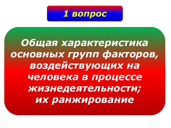 1 вопрос Общая характеристика основных групп факторов, воздействующих на человека в процессе жизнедеятельности; их ранжирование