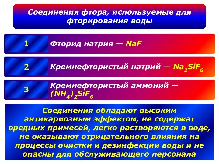 Соединения фтора, используемые для фторирования воды 1 2 3 Соединения обладают