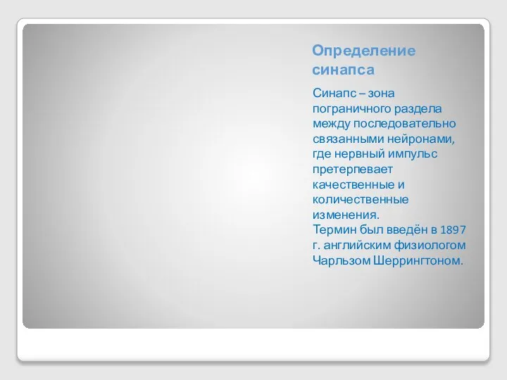 Определение синапса Синапс – зона пограничного раздела между последовательно связанными нейронами,