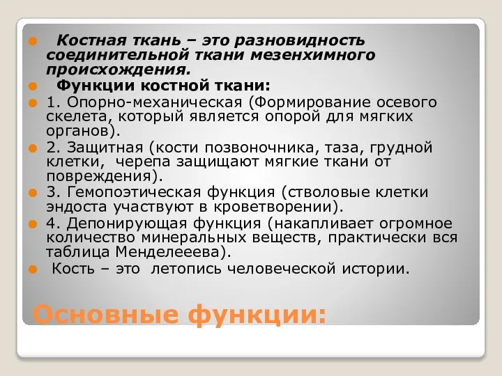 Основные функции: Костная ткань – это разновидность соединительной ткани мезенхимного происхождения.