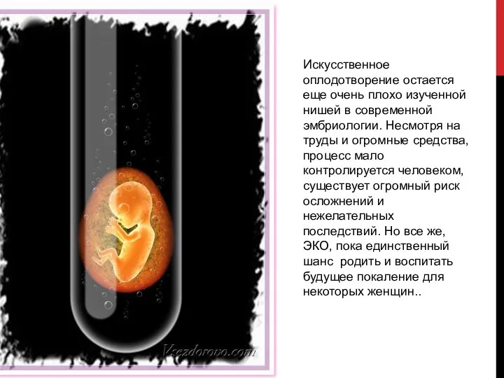 Искусственное оплодотворение остается еще очень плохо изученной нишей в современной эмбриологии.