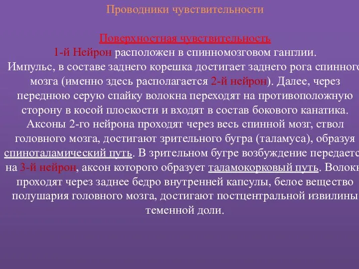 Проводники чувствительности Поверхностная чувствительность 1-й Нейрон расположен в спинномозговом ганглии. Импульс,