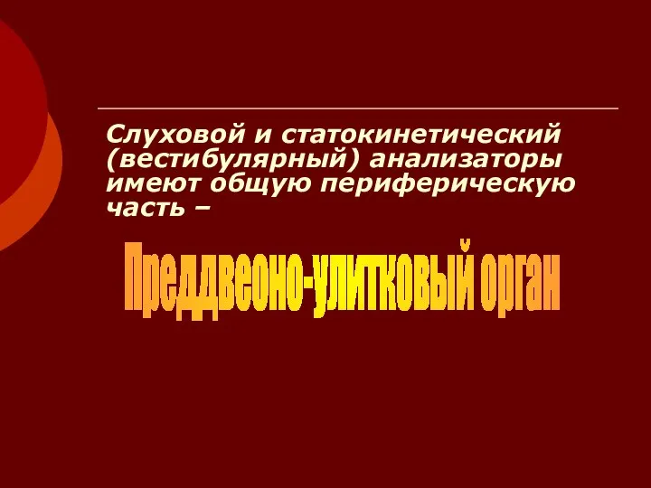 Слуховой и статокинетический (вестибулярный) анализаторы имеют общую периферическую часть – Преддвеоно-улитковый орган