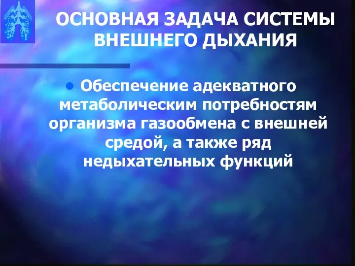 ОСНОВНАЯ ЗАДАЧА СИСТЕМЫ ВНЕШНЕГО ДЫХАНИЯ Обеспечение адекватного метаболическим потребностям организма газообмена