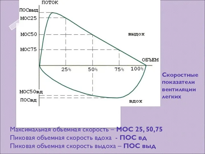 Скоростные показатели вентиляции легких Максимальная объемная скорость – МОС 25, 50,75