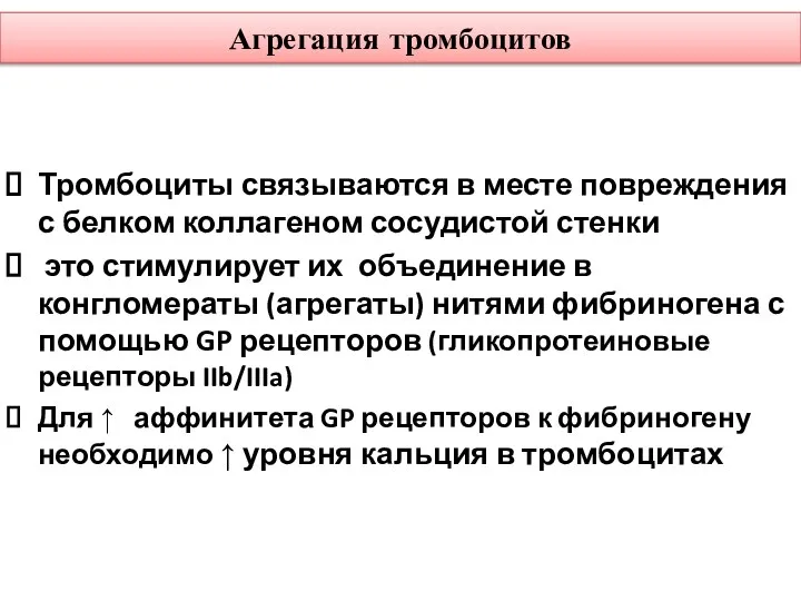 Агрегация тромбоцитов Тромбоциты связываются в месте повреждения с белком коллагеном сосудистой