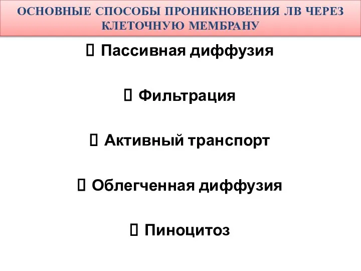 ОСНОВНЫЕ СПОСОБЫ ПРОНИКНОВЕНИЯ ЛВ ЧЕРЕЗ КЛЕТОЧНУЮ МЕМБРАНУ Пассивная диффузия Фильтрация Активный транспорт Облегченная диффузия Пиноцитоз