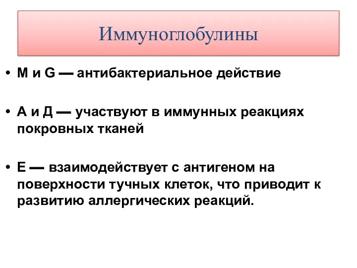 Иммуноглобулины М и G — антибактериальное действие А и Д —