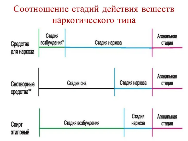 Соотношение стадий действия веществ наркотического типа