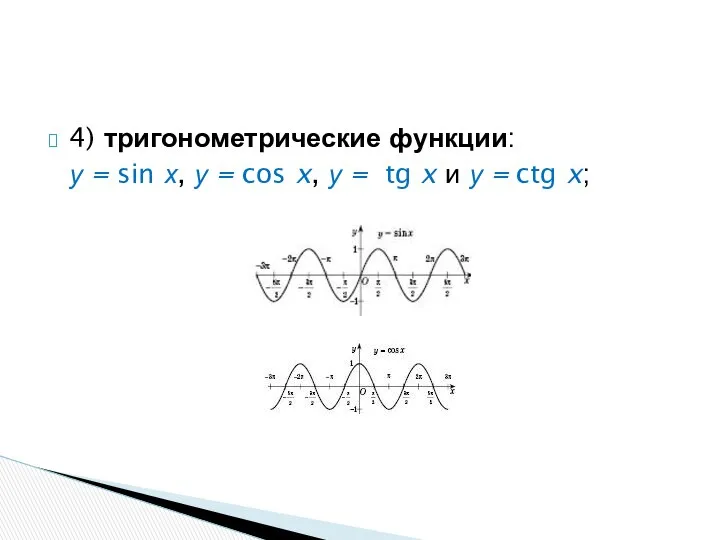 4) тригонометрические функции: у = sin х, у = cos x,