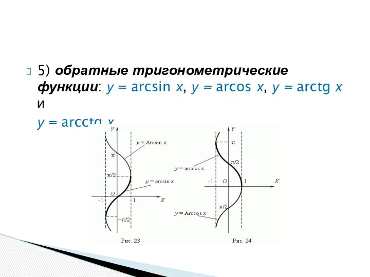 5) обратные тригонометрические функции: у = arcsin х, у = arcos