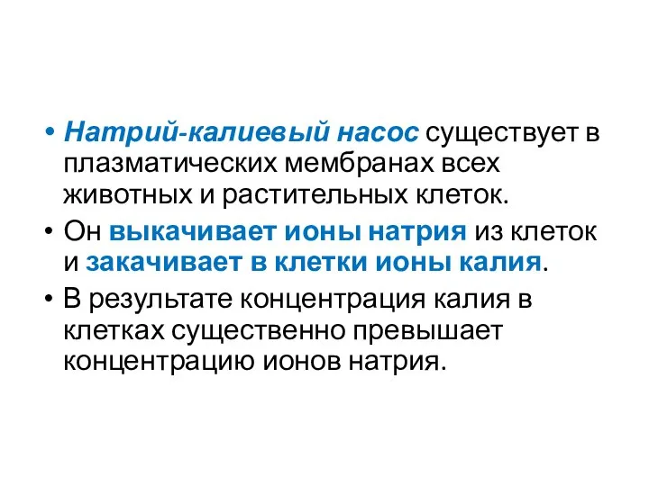 Натрий-калиевый насос существует в плазматических мембранах всех животных и растительных клеток.