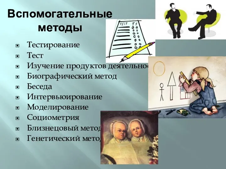 Вспомогательные методы Тестирование Тест Изучение продуктов деятельности Биографический метод Беседа Интервьюирование