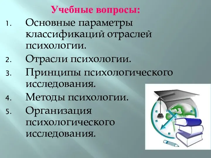 Учебные вопросы: Основные параметры классификаций отраслей психологии. Отрасли психологии. Принципы психологического