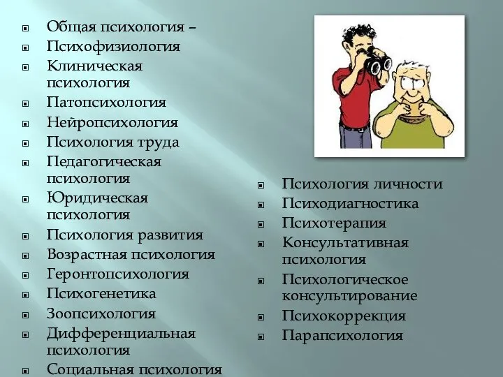 Общая психология – Психофизиология Клиническая психология Патопсихология Нейропсихология Психология труда Педагогическая