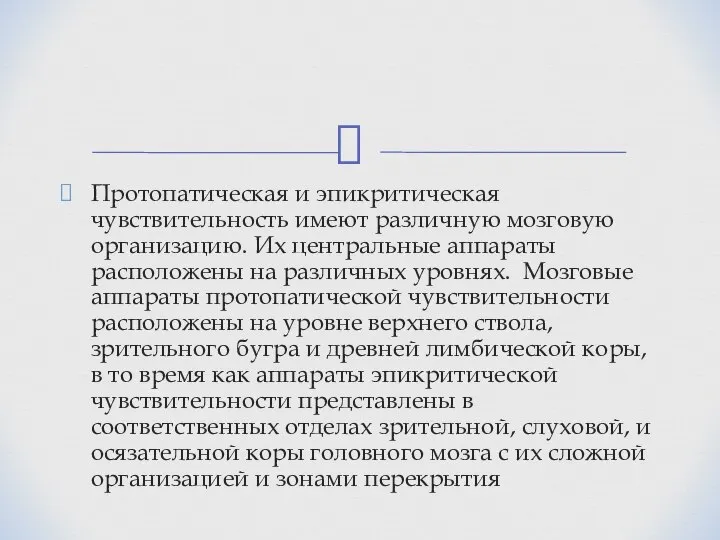 Протопатическая и эпикритическая чувствительность имеют различную мозговую организацию. Их центральные аппараты