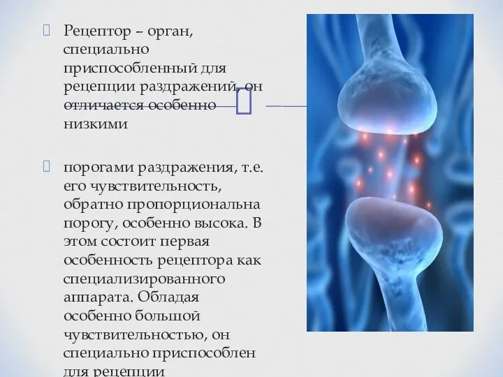 Рецептор – орган, специально приспособленный для рецепции раздражений, он отличается особенно