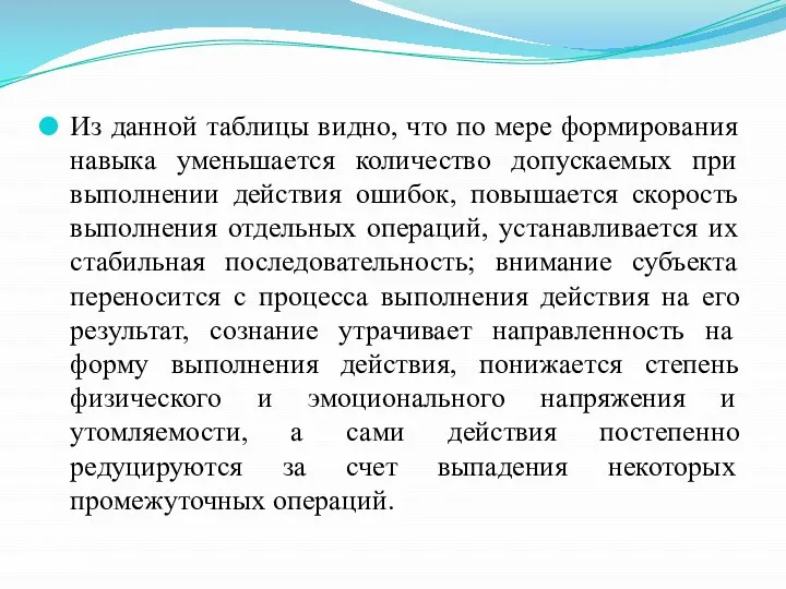 Из данной таблицы видно, что по мере формирования навыка уменьшается количество