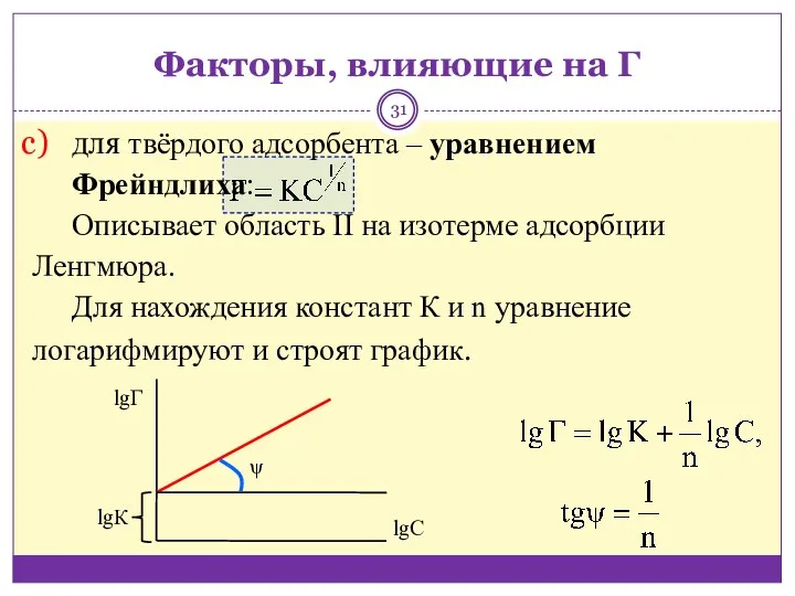 для твёрдого адсорбента ‒ уравнением Фрейндлиха: Описывает область II на изотерме